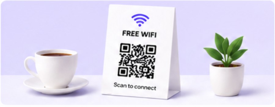 A café table with a Free WiFi QR code sign, coffee cup, and small plant